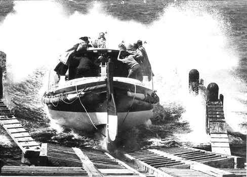Launching of the Lifeboat "Queenscliffe" from its boathouse at Queenscliffe.
