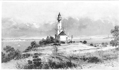 Unknown artist's painting of the 'HIGH' wooden construction lighthouse at Shortland's Bluff, Queenscliffe, in 1863. This lighthouse was later dismantled and rebuilt at Point Lonsdale.