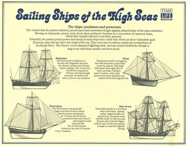 Yellow paper pamphlet showing 4 tall ships and their type and is used to promote their books.