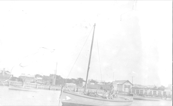 Black and white photograph of the eighteen foot  (18'00") long fishing boat "Norman" at anchor and taken at Queenscliffe in 1936.