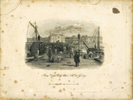 Etching style drawing of the "Steam Packet Wharf, Mack's Hotel, etc  Geelong