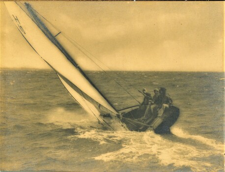 an enhanced photograph of the 21 foot restricted class yacht "Namoi" in sepia finish