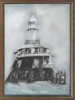 A framed pastel painting of the Gellibrand Light by Denise Clark painted in 1999