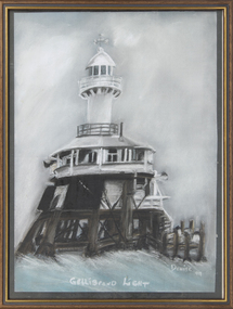 A framed pastel painting of the Gellibrand Light by Denise Clark painted in 1999