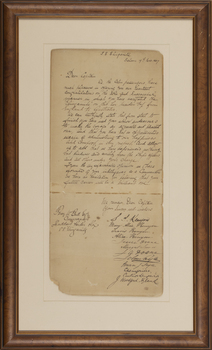 A hand written letter from the cabin passengers of the SS Elingamite to Captain W. Bull dated 19th November 1887. The letter is in a timber frame.