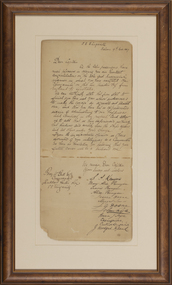 A hand written letter from the cabin passengers of the SS Elingamite to Captain W. Bull dated 19th November 1887. The letter is in a timber frame.