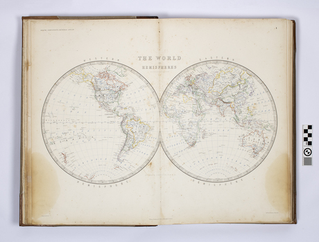 An example of the 49 maps included in a large leather bound atlas with light brown fabric covers and gold trim.