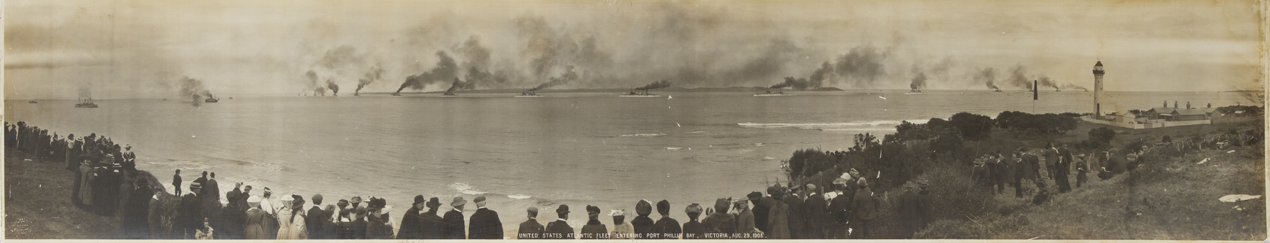 An original unframed monochrome photograph of the United States Atlantic Fleet entering Port Phillip Bay in 1908.