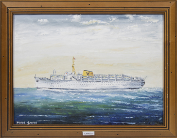 A framed oil painting of the MV Fairsea at sea, side view.