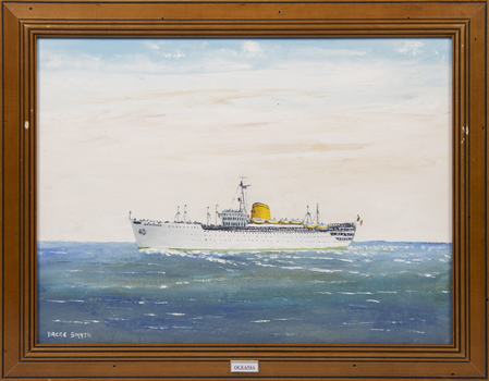 A framed oil painting of the MV Oceania ay sea, side view