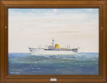 A framed oil painting of the MV Oceania ay sea, side view