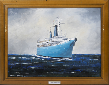 A framed oil painting of the MV Achille Lauro at sea, front view