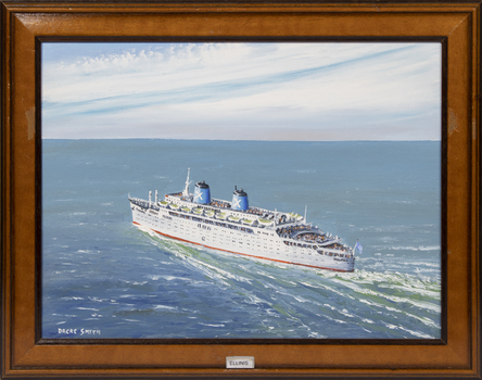 A framed oil painting of the MV Ellinis