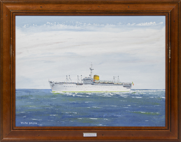 A framed oil painting of the 'MV Australia' at sea, side view