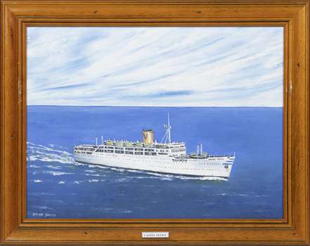 A framed oil painting of the MV Castel Felice at sea, side view