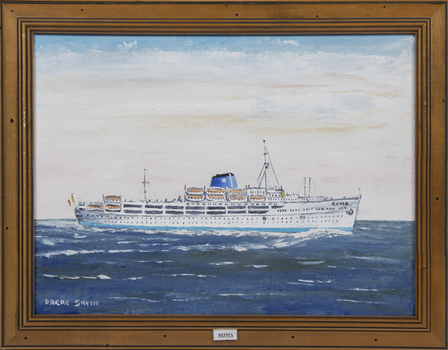 A framed oil painting of the MV Roma at sea, side view.
