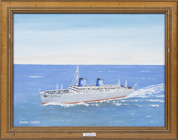 A framed oil painting of the SS Australis at sea, side view