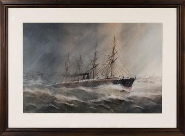 A reproduction print, mounted and under glass, in a dark brown wooden frame. 