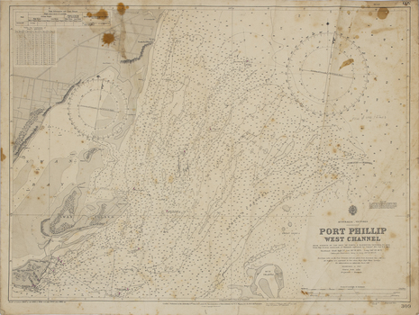 A damaged chart 309 new edition dated 1934 last correction dated 1961cshowing discolouring and staining.