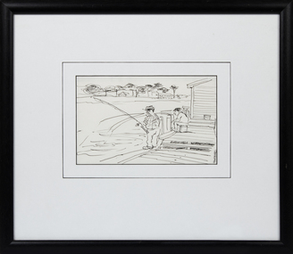 Landscape view of a sketch mounted with white mats and black frame under glass showing fishermen at Queenscliff.
