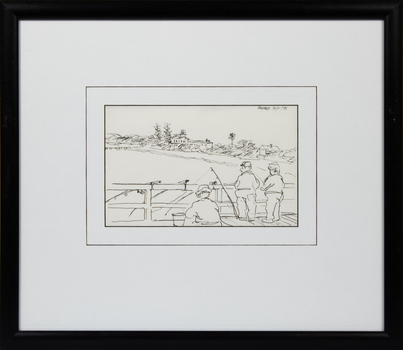 Landscape view of a sketch mounted with white mats and black frame under glass showing fishermen at Queenscliff.