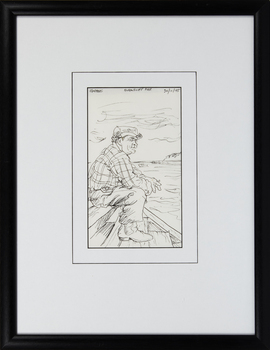 Portrait view of a sketch mounted with white mats and black frame under glass showing fisherman at Queenscliff.