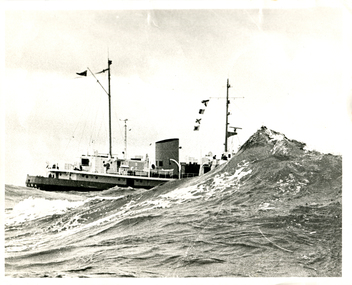 A monochrome photograph of the Pilot tender vessel Wyuna battling heavy seas at the rip. Vessel is partially obscured by large wave.