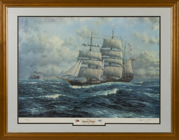 Framed and mounted print of a painting by Oswald L Brett of the barque James Craige made in 1974.