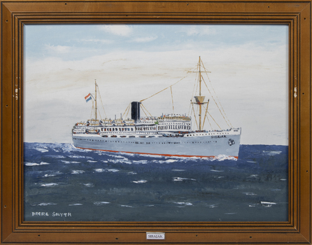 A framed oil painting of the Sibajak at sea, side view
