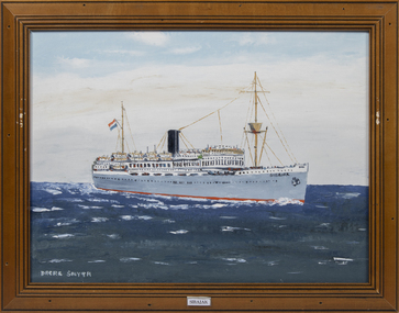 A framed oil painting of the Sibajak at sea, side view