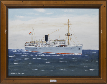 A framed oil painting of the Sibajak at sea, side view