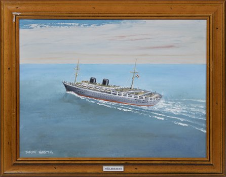 A framed oil painting of the MV Willem Ruys at sea, rear view.