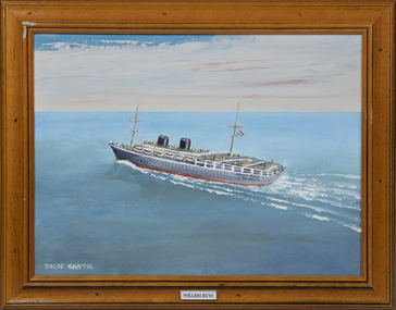 A framed oil painting of the MV Willem Ruys at sea, rear view.