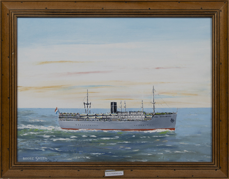 A framed oil painting of the MV Waterman at sea, side view