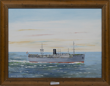 A framed oil painting of the MV Waterman at sea, side view