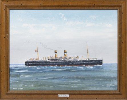 A framed oil painting of the MV Volendam at Sea, side view