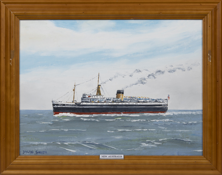 A framed oil painting of the MV New Australia at sea, side view.