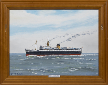 A framed oil painting of the MV New Australia at sea, side view.