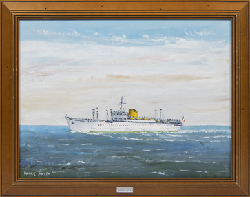 A framed oil painting of the MV Nepunia, at sea, side view