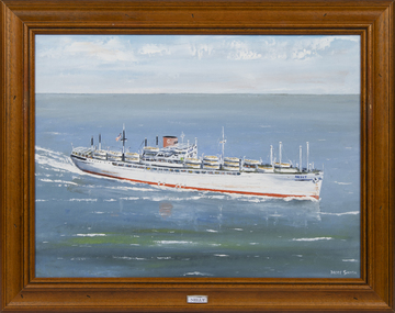 A framed oil painting of the MV Nelly at sea, side view.