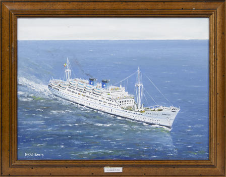 A framed oil painting of the MV Surriento at sea, top view.