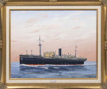 An ornate gold frame holding an oil painting of the ship Beltana.