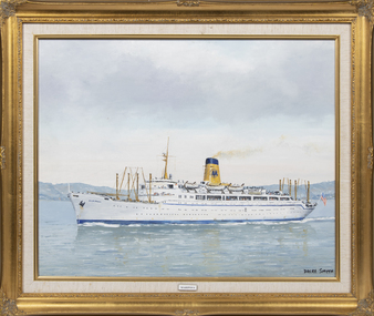 An oil painting of the SS Mariposa at sea, side view, in an ornate gold coloured frame.