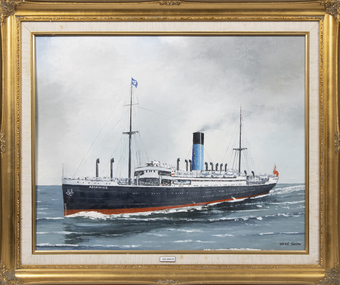 An oil painting of the SS Ascanius in a gold coloured ornate frame.