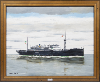 An oil painting of the SS Romolo at sea, side view, in a timber frame.