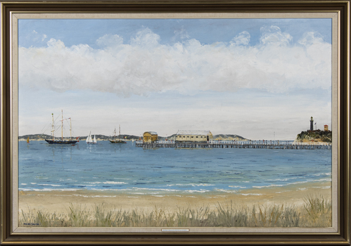 A framed oil painting of the tall ships Leeuwin and Asgard in Queenscliff, 1988.