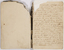 Page one of diary showing extensive spine damage and missing top corner of initial pages.