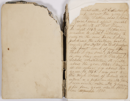 Page one of diary showing extensive spine damage and missing top corner of initial pages.