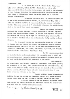 Colour & sepia toned pamphlet & typed historical notes concerning Fort Queenscliff