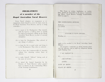 Open at pages 22 and 23: Obligations of a member of the Royal Australian Naval Reserve